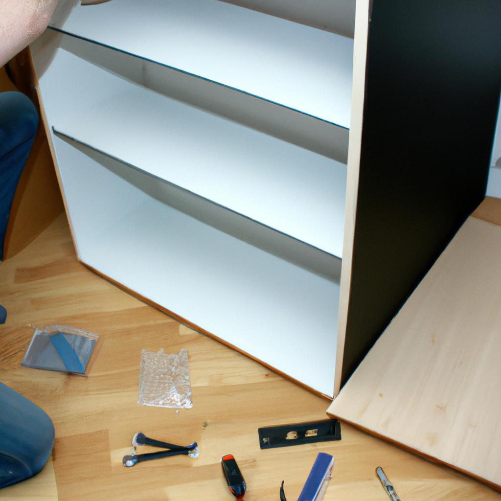Person assembling bookcase with tools